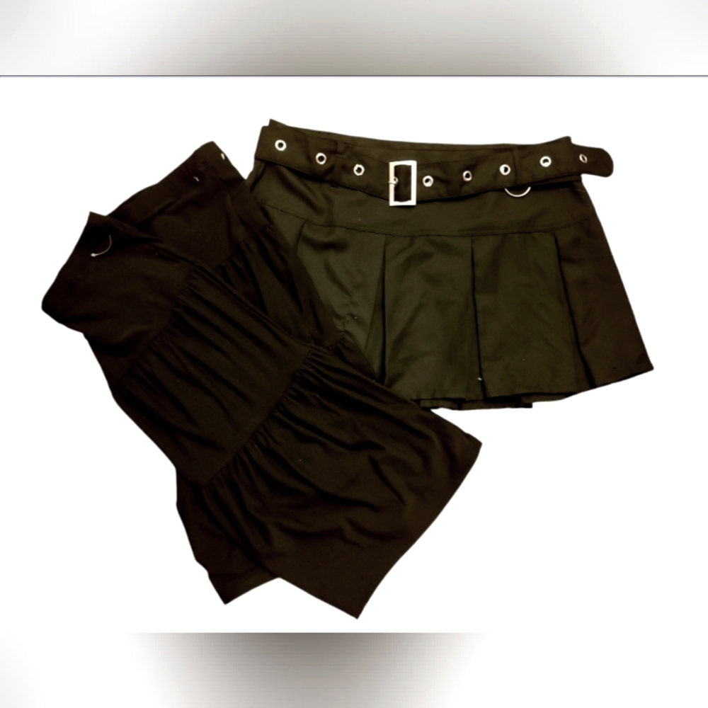Black Pleated Belt Buckled Skirt and Leg Warmers